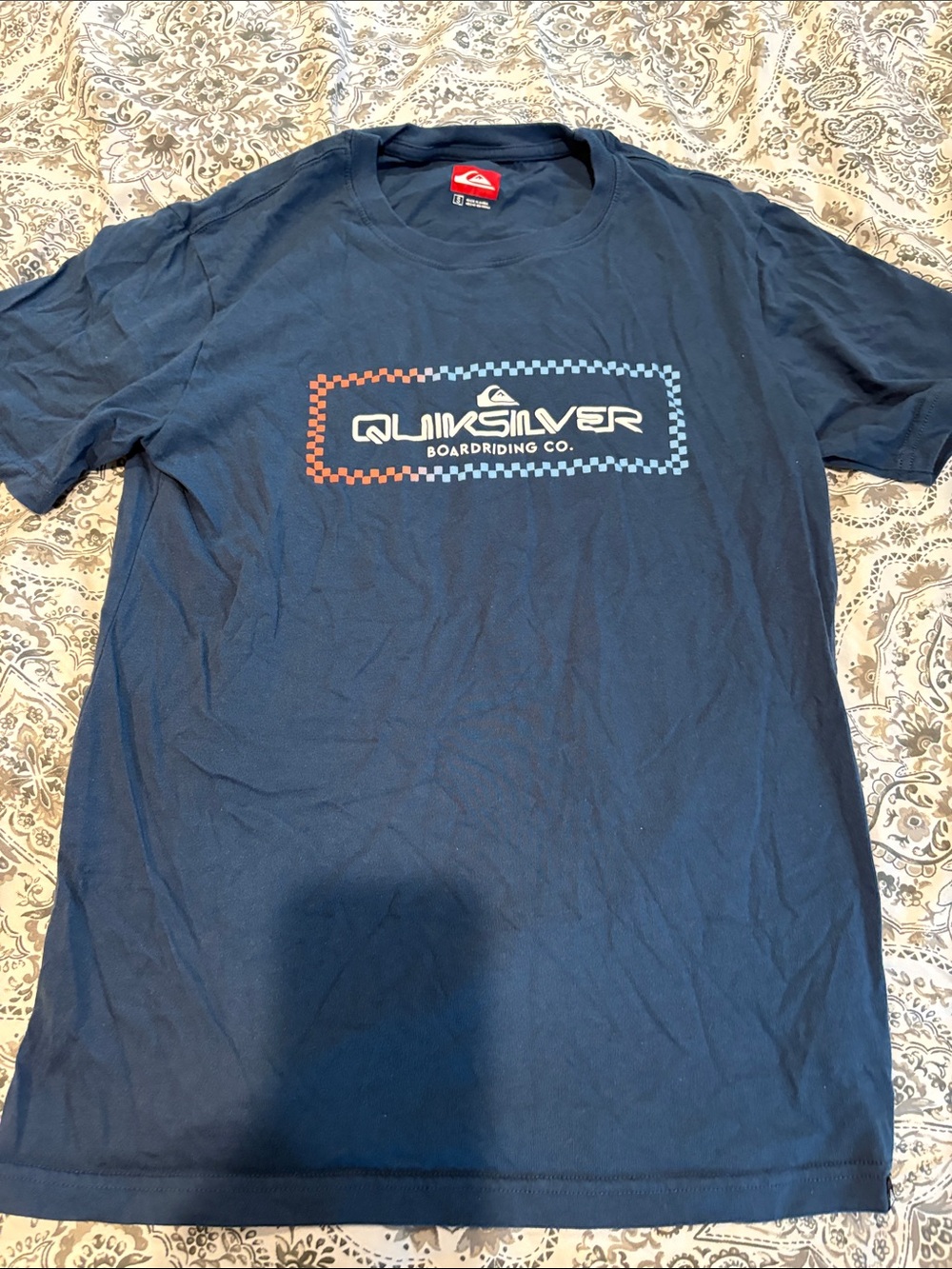 Quiksilver Navy Short-Sleeve Logo Tee with Red & Light Blue Accents